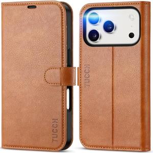 TUCCH Wallet Case for iPhone 17 Pro (6.3") 2025, 4 Card Holders | RFID Blocking | Stand | PU Leather | Magnetic Closure | Protective Flip Folio Cover | Shockproof TPU Shell | Light Brown