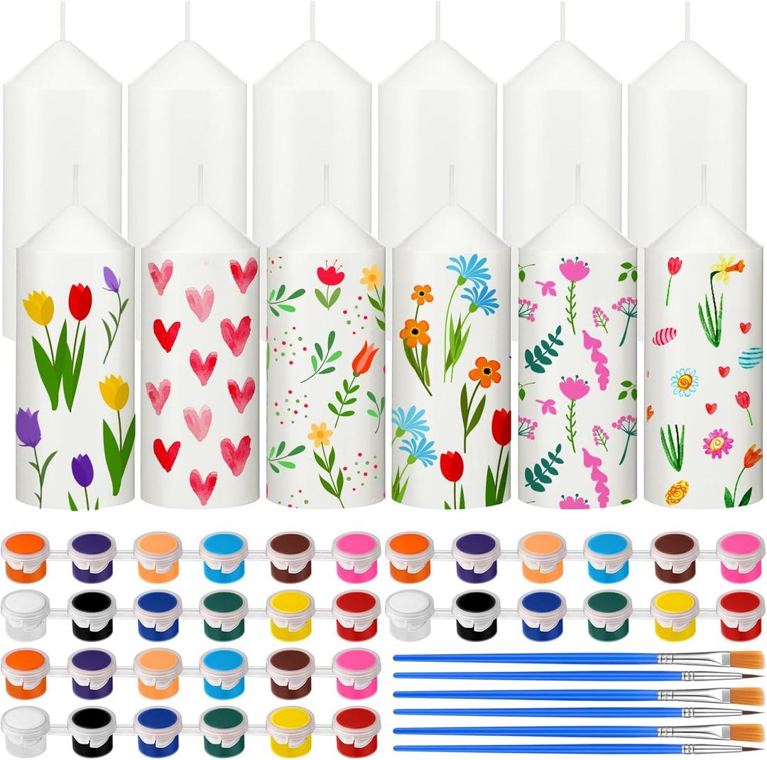 MTLEE 48 Pcs DIY Candle Painting Kit Include White Candles Colorful Acrylic Paint Strips and Paintbrushes for Crafts Making Wedding Birthday Party Centerpiece (Pillar)