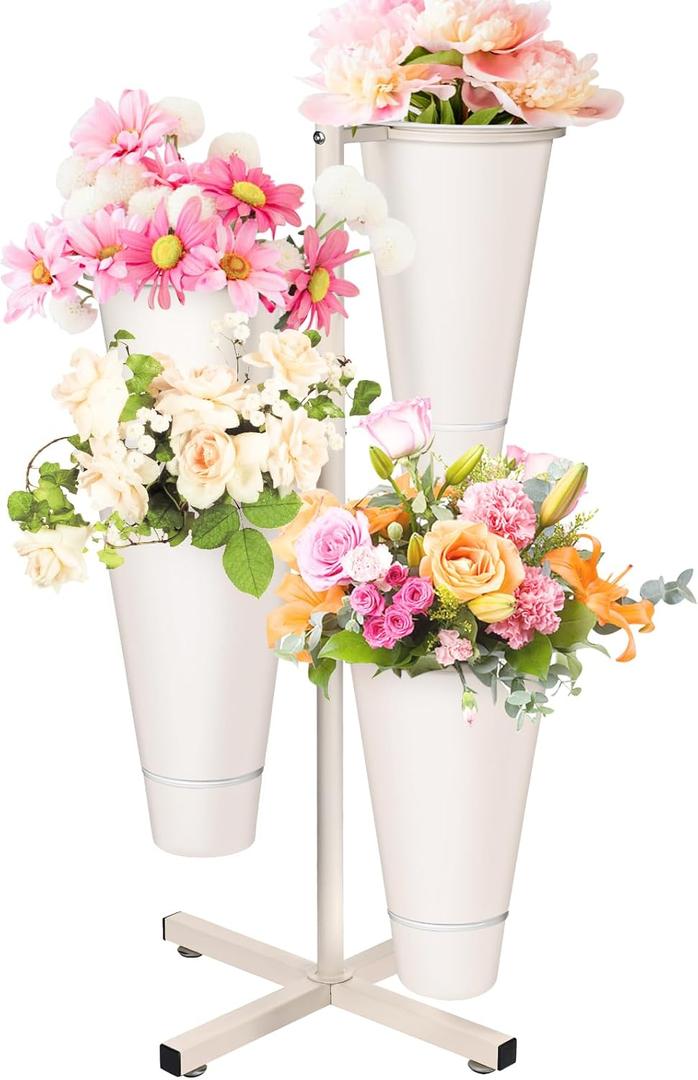 Flower Display Stand with Buckets, Metal Flower Bar Stand Rustic Farmhouse Florist Bouquet Holder Flower Cart Display Shelf for Outdoor Patio Garden Wedding Decor (Round)