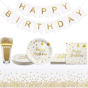 Serves 35 Guests Happy Birthday Paper Plates Party Supplies,7 Inch White and Gold Happy Birthday Disposable Paper Plates Napkins Forks Tablecloths Banner for Party Decorations