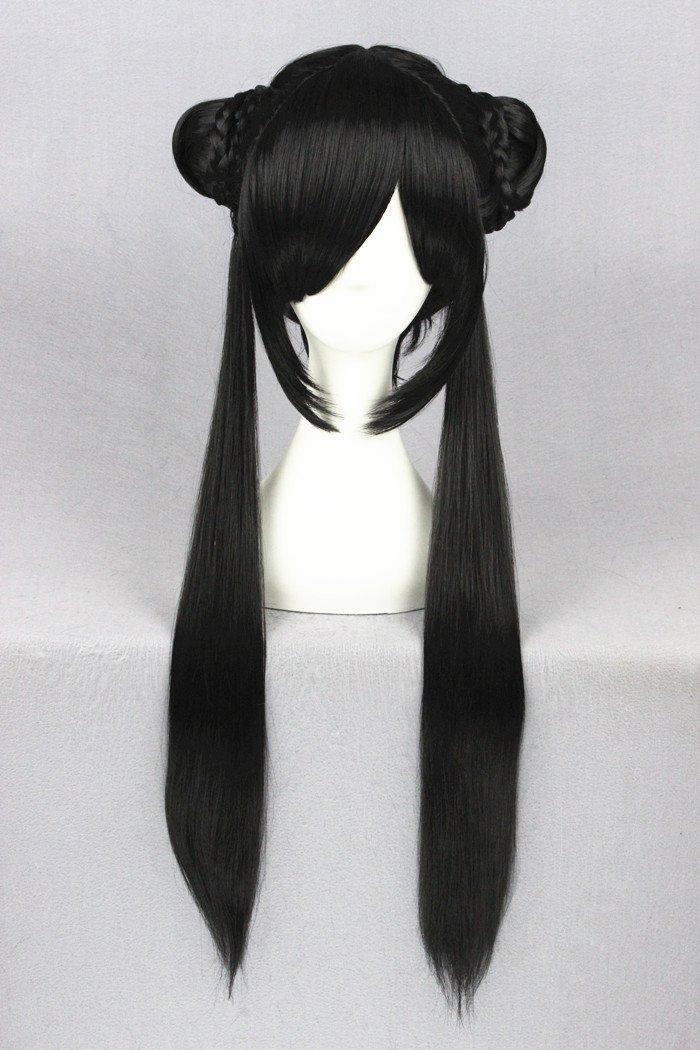 31" Synthetic Black Hair Short Straight Hair Wig with Bangs Two Hair Buns Lolita Style Cosplay Wig Heat Resistance Fiber Wig for Daily Use, Cosply, Parties and Halloween