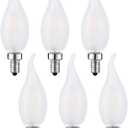SHUWDKAR Frosted LED Candelabra Bulbs 60 Watt Flame Tip Chandelier Light Bulb, 6W Smooth Dimmable 3000K Soft White Frosted Glass with E12 Candelabra Base, 6 Pack