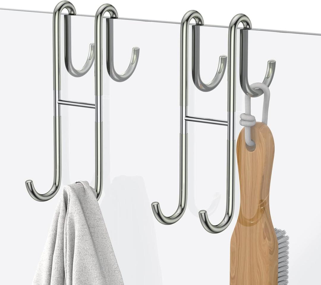 Over Shower Glass Door Hook, 2 Pack Silver 304 Stainless Steel Extended Shower Door Hooks, Bathroom Frameless Drilling-Free Hanger, Double Side Towel Hooks, for Bathing Suits, Robe, Loofah, Shaver