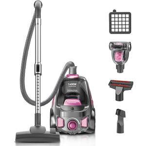 Canister Vacuum Cleaner, 32Kpa 1600W Cyclon Power, Dust Full Indicator, Double HEPA Filters, 3.7Qt Large Capacity, Lightweight Vac for Hard Floors, Carpets, Pet Hair, Pink