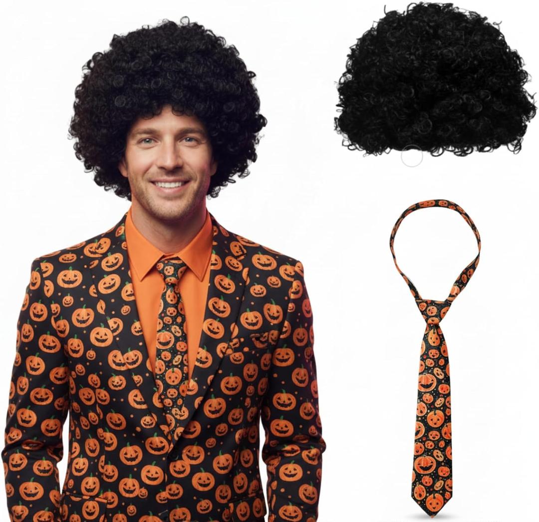 2 Pcs Pumpkin Man Halloween Costume Dress Up Included Black Wig and Orange Pumpkin Tie TV Character Cosplay Dress Up for Adults Halloween Cosplay Party Supplies