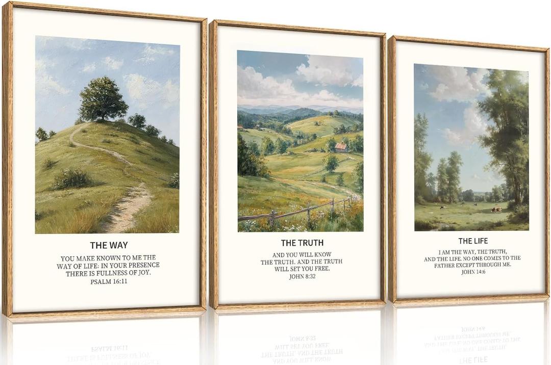 Large Christian Bible Framed Canvas Wall Art Set,Jesus Verse Vintage Wall Decor,Nature Scripture Landspaces Art Prints,Religious Artwork for Living Room,Dining Room,Farmhouse-24 x36 x3
