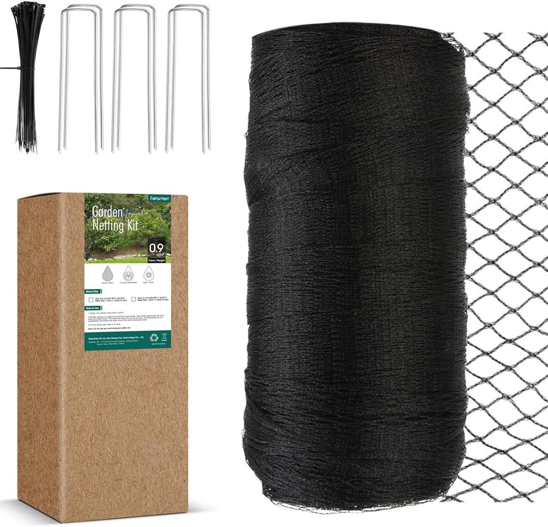Bird Netting for Garden, Fetanten 26x 49 FT Heavy Duty Garden Netting Mesh Pest Barrier with Ties and Staples for Vegetable, Fruit Trees, Blueberry Protection Against Birds, Deer, Poultry (26 x 49FT, Black)