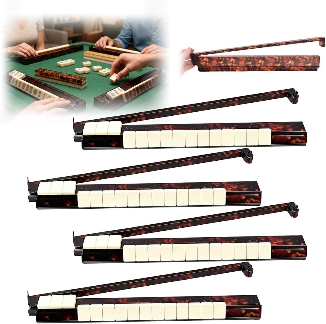 Mahjong Racks with Pushers Set of 4, Durable Mahjong Tile Racks with Integrated Push Arms Holds Tiles,Portable Mahjong Rack Tile Holder Accessory for Travel and Family Activities (Black & Red)