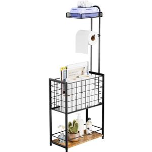 SWTYMIKI Freestanding Toilet Paper Holder  4Tier Free Standing Toilet Paper Holder Stand with Large Basket, Stand Mega Roll Storage Rack for Extra Rolls, Magazines, Wet Wipes, Black