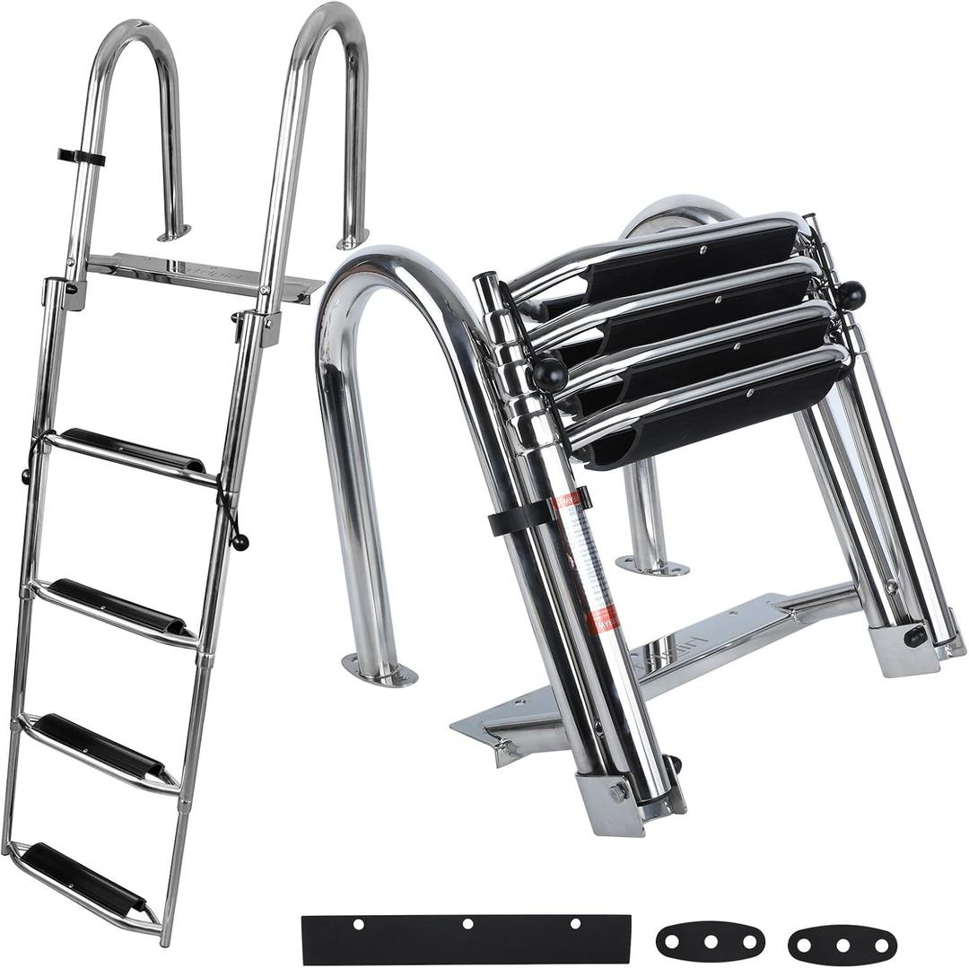 Pontoon Boat Ladder,Polished 316 Stainless Steel 4 Step Telescoping Ladder,600LBS Capacity for Sailboats,Ships,Most Swimming Pools,Docks,pontoons.