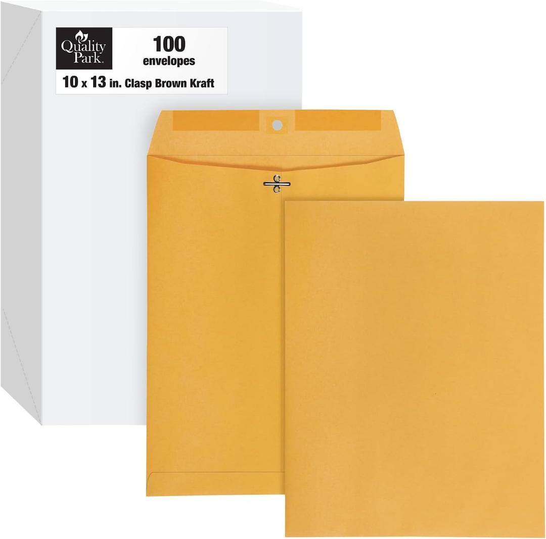 Quality Park 10" x 13" Clasp Envelopes, Heavy 32 lb Brown Kraft, Gummed Flap, 100/Box (QUA37797)
