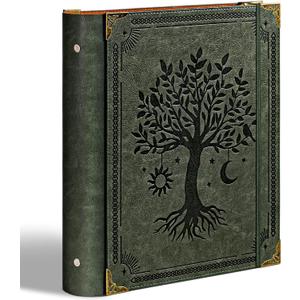 Ovesmusl Leather 3 Ring Binder Fits 8.5"x11" Letter Size Paper, 2 Inch Round Ring Binder Holds 500 Sheets, Notepad Paper Cover Loose Leaf Organizer, Green Tree