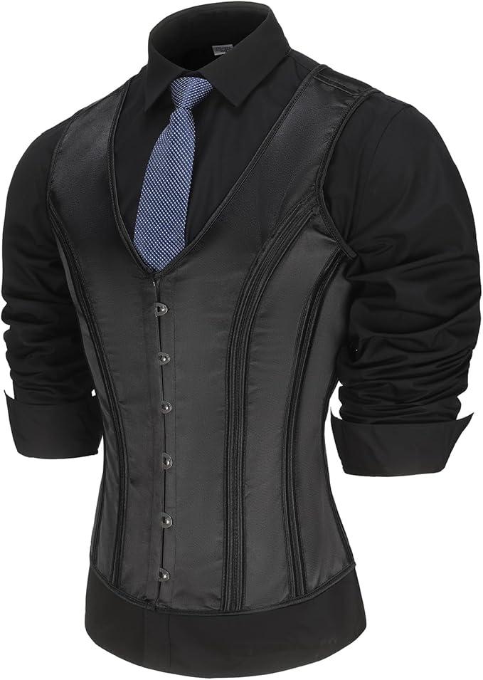 Mens Corset Suit Vest Vintage Waistcoat Black Slimm Fit Lace Up Boned 6 Buckles Tight Tops Wedding Stage, Size XL