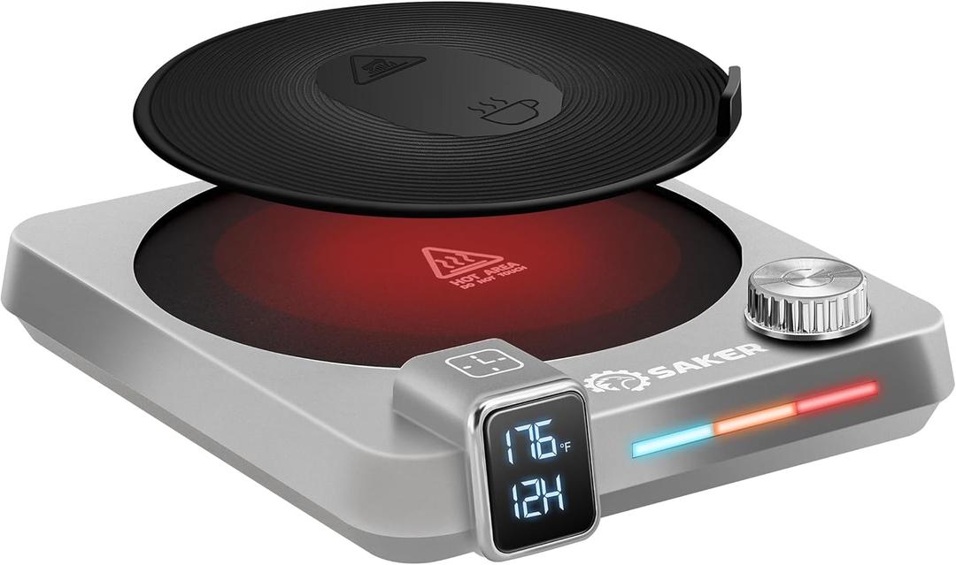 Saker Coffee Mug Warmer Smart Candle Warmer with Temperature Display, Adjustable Timer (1-12 Hrs), Auto Shut-Off, Tri-Color Light Strip, and Knob Control for Desk (Grey)