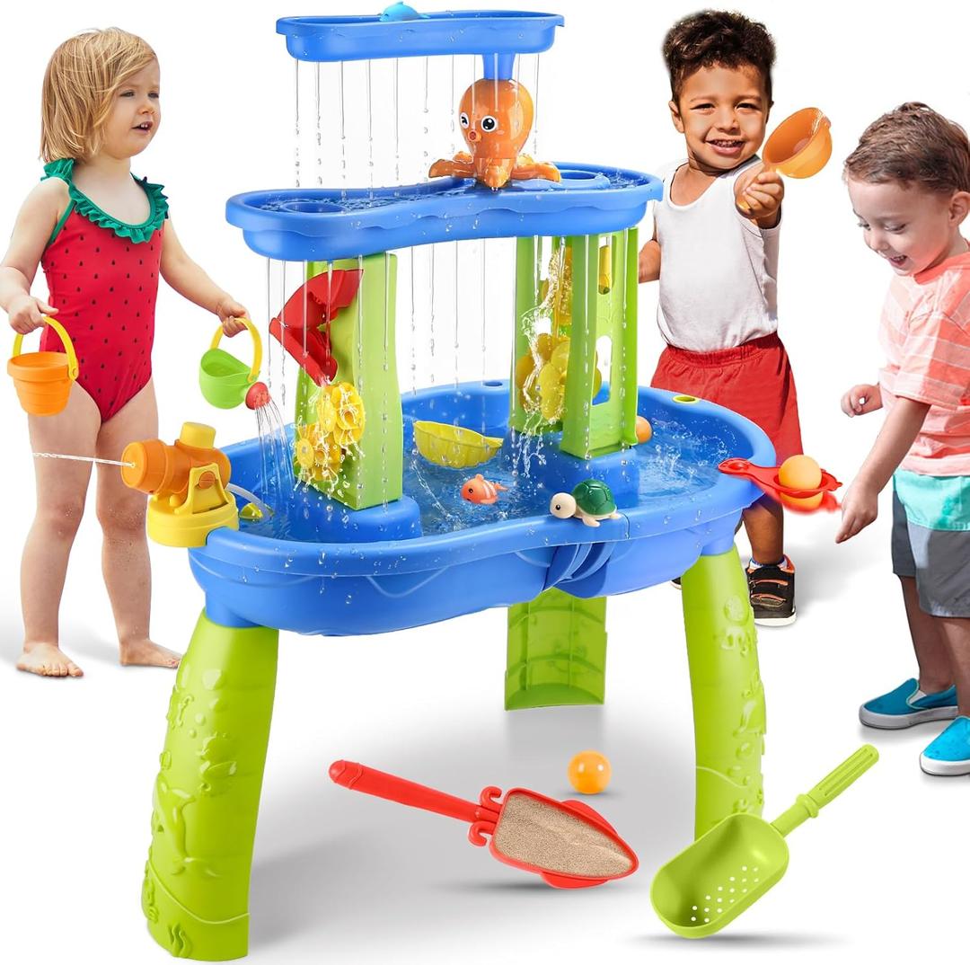 Water Table for Toddlers 1-3 - Outdoor Kids Water Table - Sand Sensory Table Beach Summer Toys Sandbox 3-Tier Activity Table Outdside Water Toys Splash Table for Toddlers 3-5 4-8 Kids
