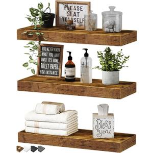 QEEIG Floating Shelves for Wall Bathroom Shelf Bedroom Kitchen Living Room Hanging Book Shelves Small Farmhouse Decor 16 inch Set of 3, Rustic Brown (015-BN3), 3pcs