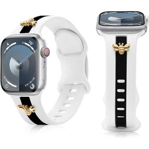 Silicone Strap for Apple Watch Band Series 11 10 9 8 7 6 5 4 3 SE Ultra, Stylish Bracelet with Gold Honey Bee Charms for iWatch 38mm 40mm 41mm 42mm 44mm 45mm 46mm 49mm Bands, Designer Sport Wristbands