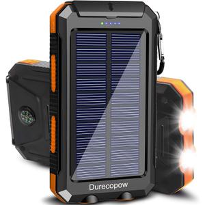 Solar Charger Power Bank, 20000mAh Portable Outdoor Waterproof Solar Battery Charger, Camping External Backup Battery Pack USB C Ports Input/Output, 2 Led Light Flashlight with Compass (Orange)