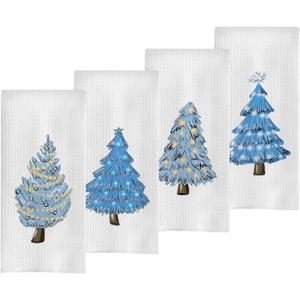 Christmas Tree Kitchen Towels Set - Blue Christmas Tree Hand Towels for Bathroom, Blue Kitchen Bathroom Decor, 16x24 Inches Set of 4