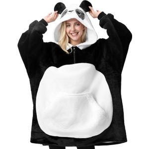 Giggling Getup Panda Wearable Blanket Hoodie - Oversized Soft Sherpa Fleece Hooded Blanket - Warm Cozy Plush Flannel Blanket Sweatshirt Gifts - with Giant Pocket and Sleeves for Adults Women Men (Black and White Panda)