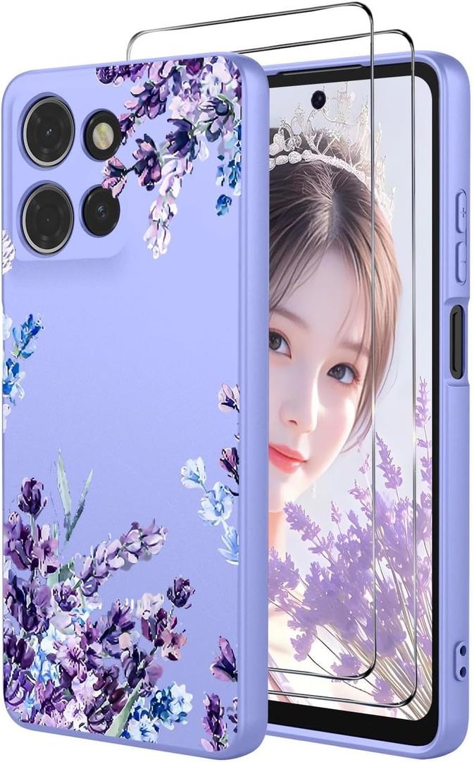 for Motorola Moto G 5G 2025/2026 Case with 2 PCS Screen Protectors,Soft Liquid Silicone Anti-Scratch Protective Shockproof Florals Cover Girls Moto G Play 2026 (Purple, Moto G 2025/2026)