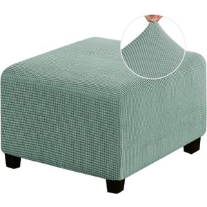 PrinceDeco Stretch Ottoman Cover Ottoman Slipcovers Square for Living Room Foot Stool Stretch Covers to Fit Ottoman Foot Rest, Thick Checked Jacquard Fabric with Elastic Bottom (Medium Size, Sage)