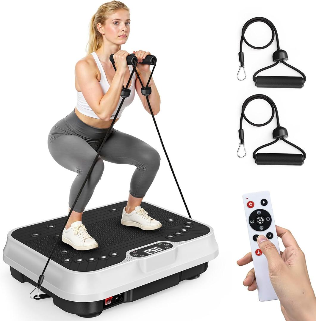 Bigzzia Vibration Plate Exercise Machine for Weight Loss  100-Speed Platform with Remote & Resistance Bands, 450 lbs Capacity  Quiet Full Body Workout for Lymphatic Drainage at Home (White)