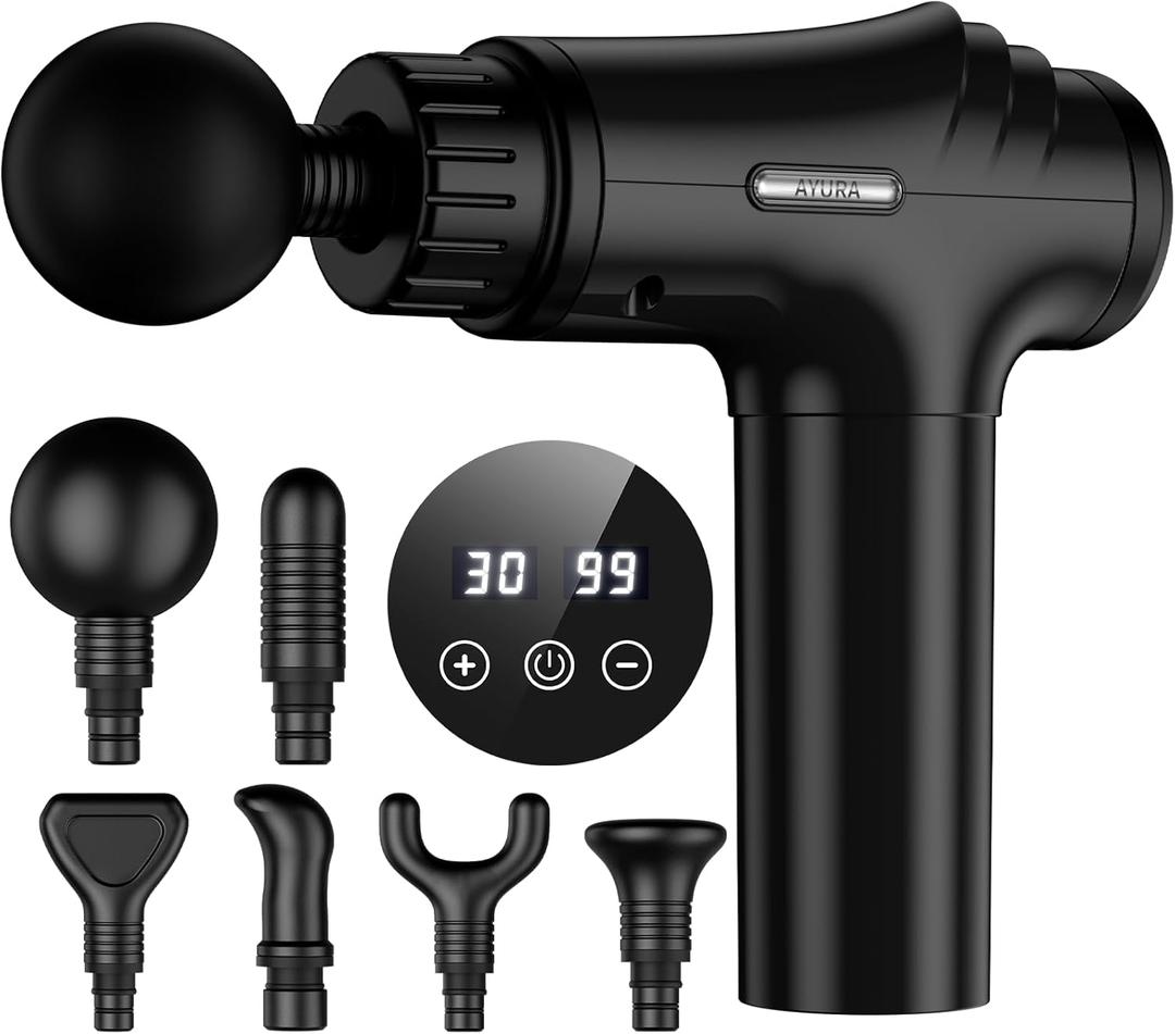 AYURA Massage Gun Deep Tissue, Percussion Muscle Massager Gun, Handheld Back Massager for Pain Relief, Mini Massage Gun with 30 Speeds and 6 Heads for Athletes Men Women (Black)