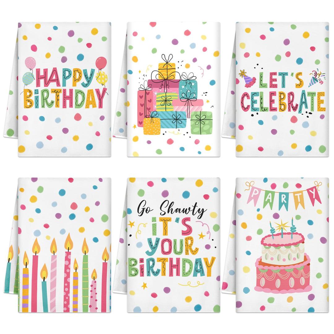 Culudea 6Pcs Birthday Kitchen Towels Set Colorful Dots Party Hand Dish Towels Happy Birthday Dishcloths Kit Decorative Tea Guest Dishcloths Cake Balloons Kitchen Bathroom Home Decor Seasonal Gifts 