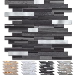 Midcard 10 Sheet Peel and Stick Backsplash Tile, Stick on Tiles for Backsplash Kitchen, Bathroom, Laundry Room, Camper, Fireplace. (20Trapezoidal Black Grey Wood with Metal Silver)