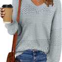 MixShe Womens Knit Sweaters 2025 Fall V Neck Long Sleeve Pullover Casual Loose Tops (Large, Grey)