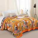 100% Muslin Cotton Throw Blanket for Couch Bed Adults Kids, Oriole Bird Printed Boho Quilt 4 Layers Ultra Soft Lightweight Reversible Gauze Blanket for All Season (Multi,60"x80")