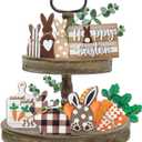 Easter Bunny Tiered Tray Decor, Farmhouse Tiered Tray Decorations, Happy Easter Bunny Carrots Buffalo Plaid Wooden Signs, Spring Rustic Rabbit Decor for Home Table Mantel Church Party