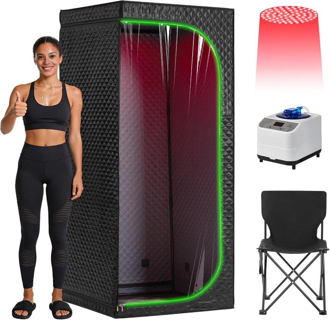 Portable Steam Sauna Tent for Home, Infrared Sauna, Tent with Clear View Door and Red Light, Black, Full Size Square Sauna for Home, 3L Steamer, 9 Heat Levels