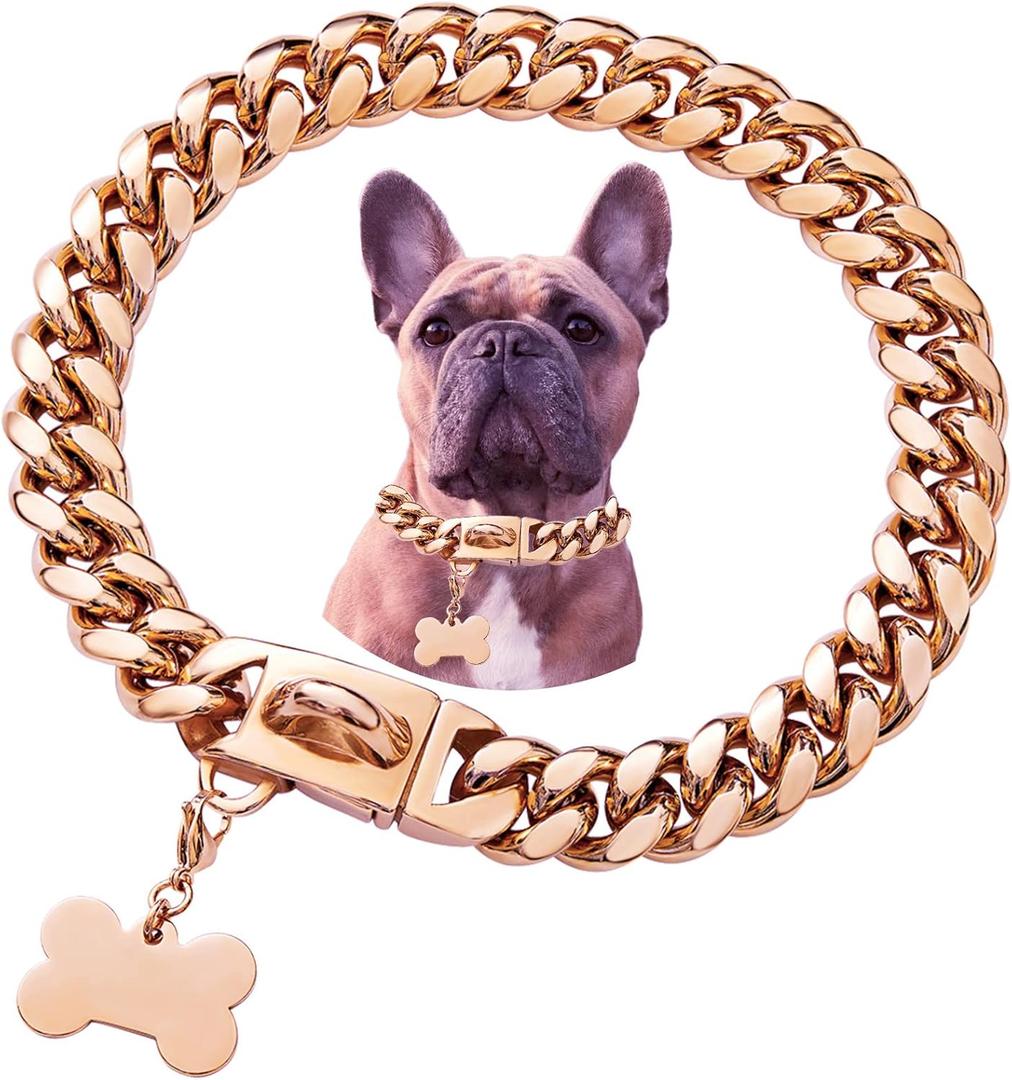 Stainless Steel Buckle Dog Collar, Cool Charm Pet Bulldog Jewelry Necklace, Waterproof Rose Gold Black Silver Anti-chew Curb Cuban Dog Collar 24 Inch (Rose Gold Cuban)