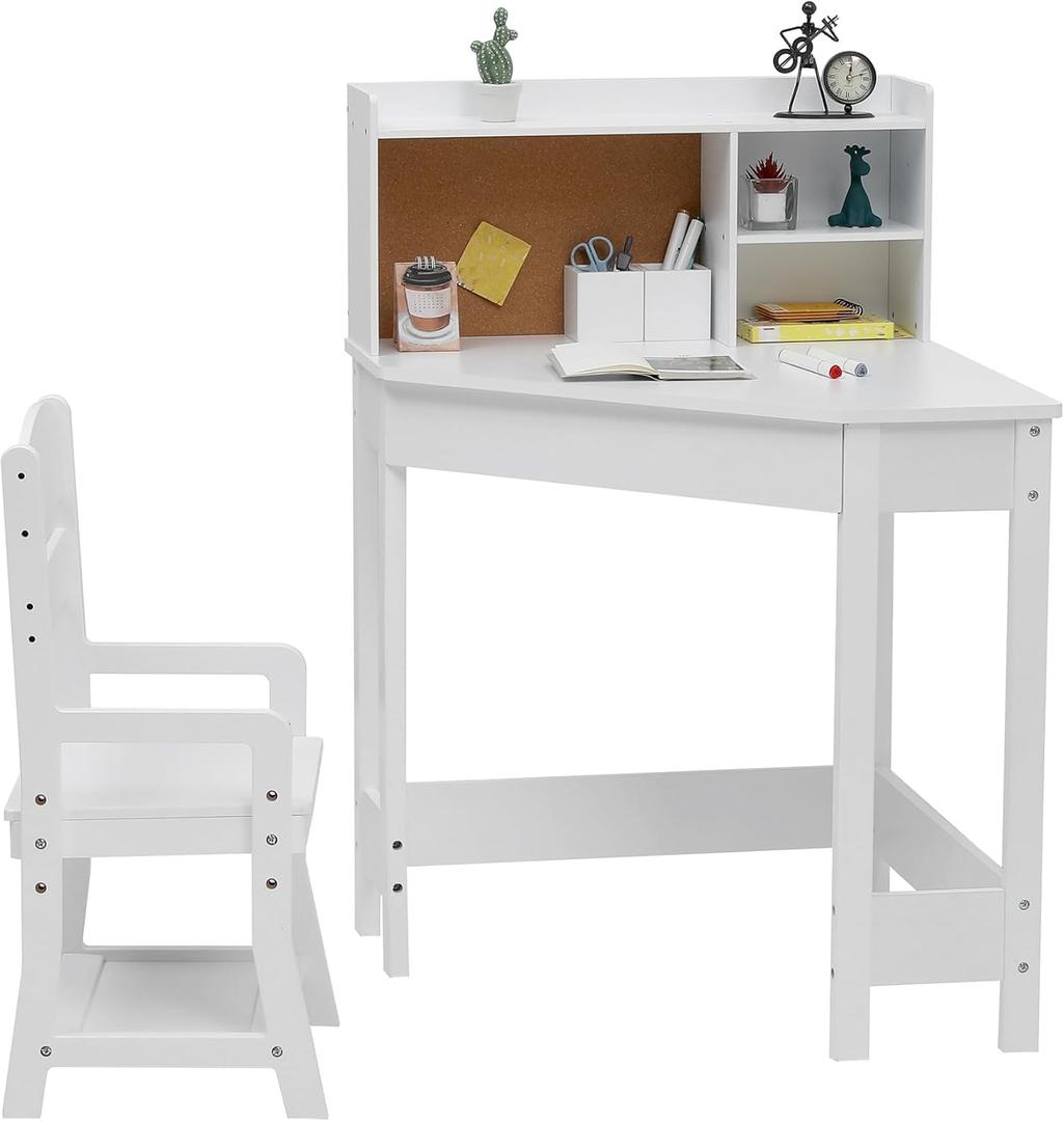 Kids Desk and Chair Set, Wooden Corner Study Table with Bookshelf, Bulletin Board, and Pen Holder, Writing Table for Boys and Girls, White