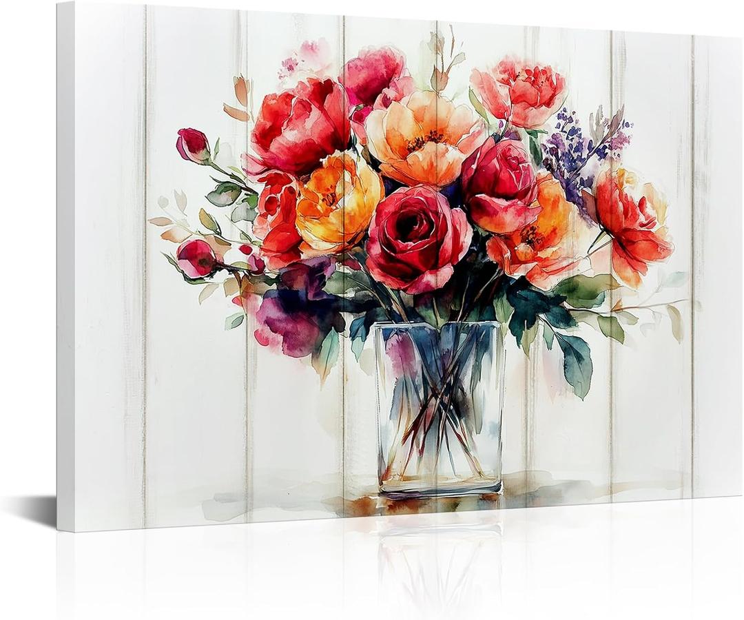 iLOOKLiKE Red Orange Flower Canvas Wall Art Floral Blooming on Wood Background Picture Prints for Girls Bedroom Kitchen Decor 16x24inch
