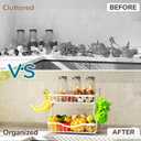 White 2 Tier Large Fruit Basket for Kitchen Counter with 2 Banana Hangers, Metal Fruit Bowl for Onion Vegetable Bread Snack, Countertop Organizer 14.5" W x 9.5" D