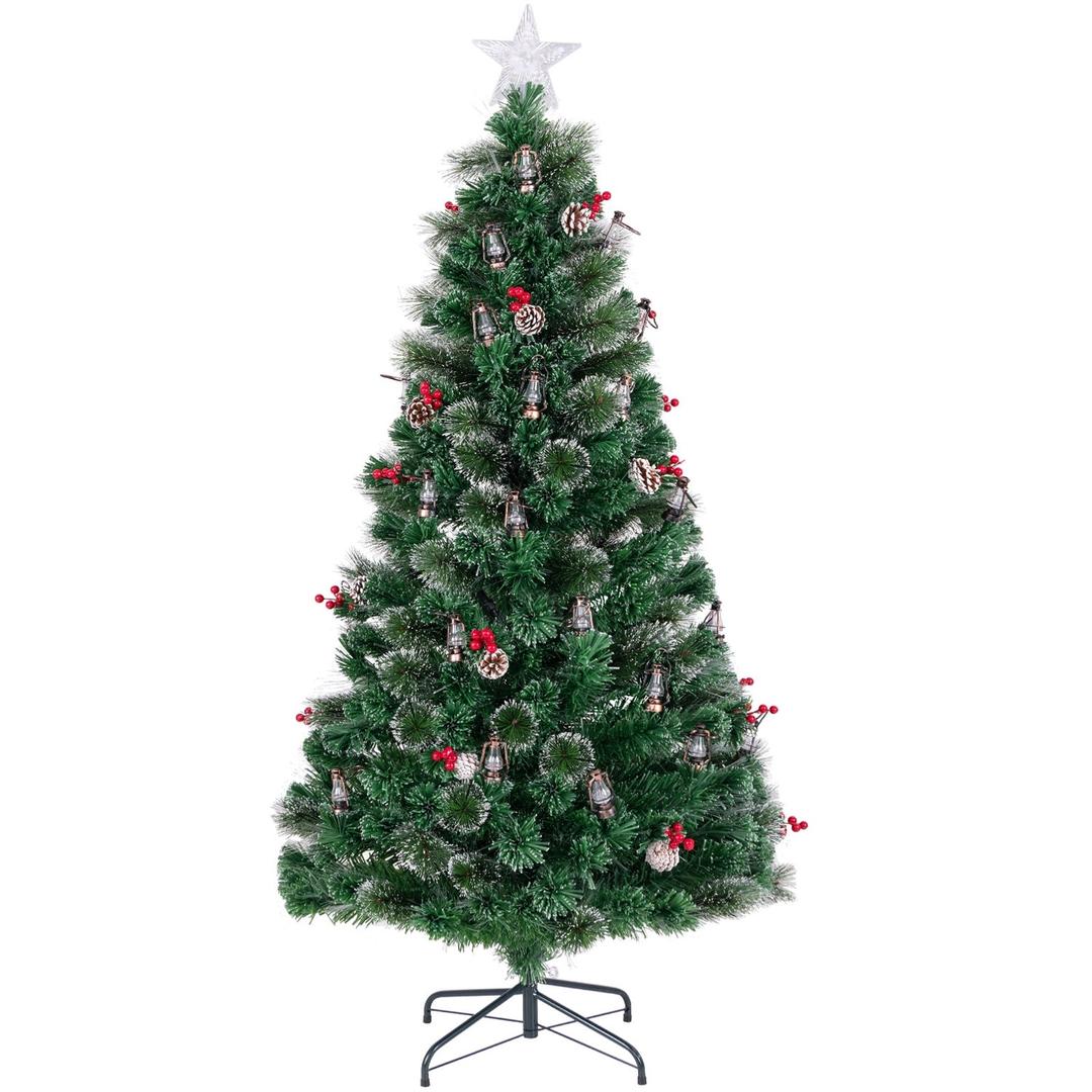 6 Feet Artificial Christmas Tree with Red Berries and Kerosene Lamps-6 ft, Green