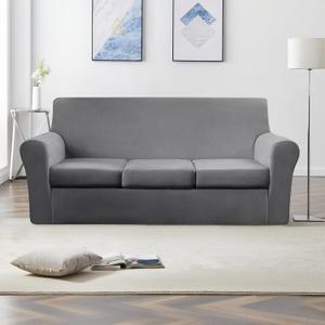 4 Pieces Velvet Sofa Covers for 3 Cushion Couch Washable 3 Seat Slipcovers for Couches and Sofas Stretch Soft Couch Covers for Dogs (Dark Grey, Sofa)