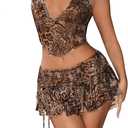SOLY HUX Women's Y2k Skirt Sets 2 Piece Outfits Leopard Halter Crop Tops and Ruffle Layered Mini Skirt Set (X-Small, Multicoloured Leopard)