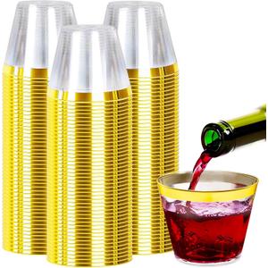 Zcaukya 100pcs 9oz Gold Plastic Cups, Disposable Crystal Clear Plastic Party Cups for Weddings, Birthdays, Events