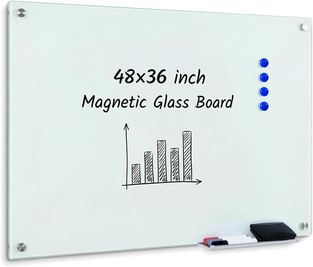 Magnetic Glass White Board 48 x 36, Tempered Frameless Dry Erase Board for Wall, Whiteboard for Office, Home & School