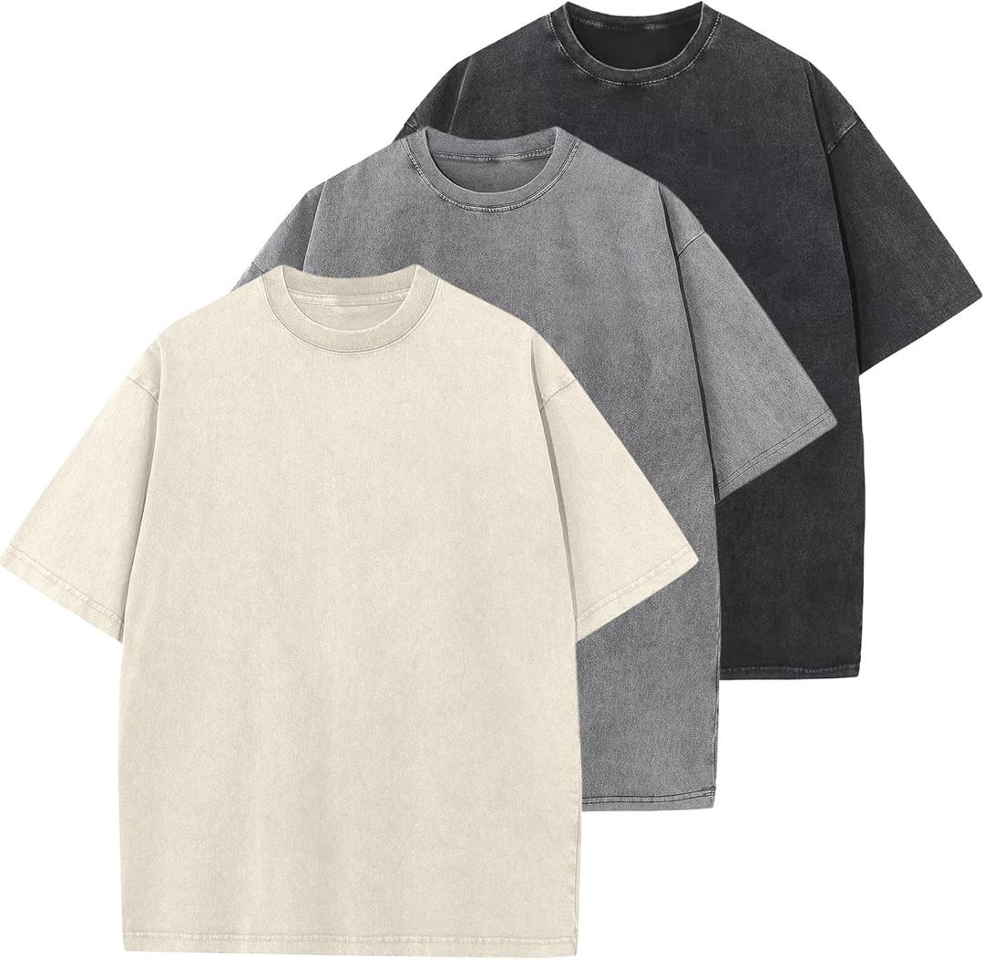 Men's Cotton T-Shirts Oversized Unisex Short Sleeves Casual Loose Wash Solid Basic Tee Tops (Large, Beige+black+grey)