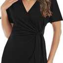 LEIYEE Womens Summer V Neck Short Sleeve Wrap Tops Casual Cute Front Twist Tie Knot Shirts Blouse (Black, M)