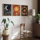3Pcs Sun And Moon Celestial Wall Art Tarot painting Decor Pictures Astrology Gothic Wildflowers Star Canvas Posters Prints for Bedroom Office Living Room Bathroom Home Decoration Unframed