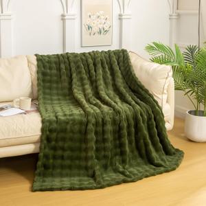 YUSOKI Faux Fur Throw Blanket with 3D Bubbles Super Soft Fuzzy Cozy Thick Blanket for Couch Chair Sofa Gift Home Dcor, (Olive Green, 50 * x60) (Throw(50" x60"))