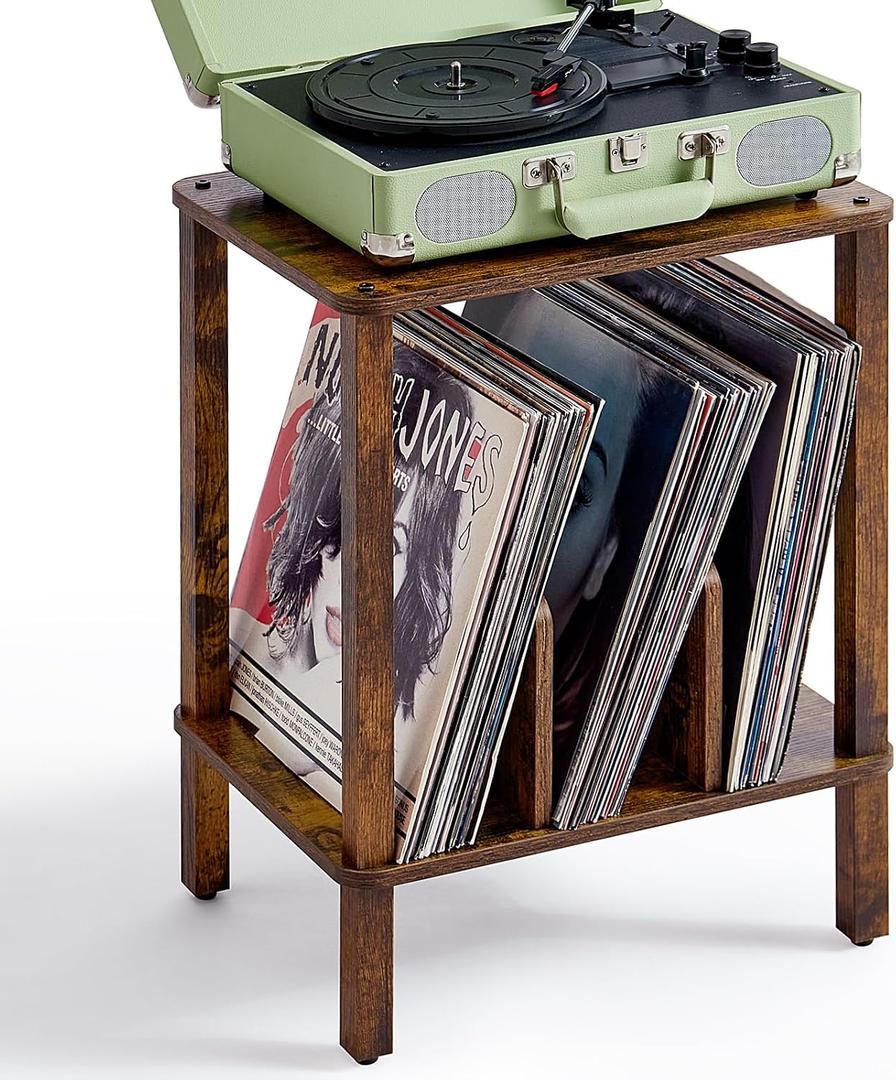 LELELINKY 2-Tier Record Player Stand with Vinyl Record Storage up to 100 Albums, Bedroom Record Holder and Multi-Functional End Table for Living Room, Brown, Set 1