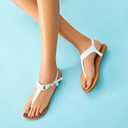 Rekayla Flat Thong Sandals with T-Strap and Adjustable Ankle Buckle for Women (White, Size 9)