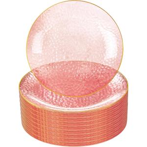 Rubtlamp 60 Pieces Pink Gold Plastic Plates - 10 inch Pink Plastic Dinner Plates - Hammer Pattern Design - Fancy Clear and Gold Disposable Plates Ideal for Mother's Day